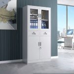 2-door metallic office cabinet with a sturdy metal frame, adjustable shelves, and a secure locking system for organized office storage.