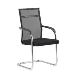 Black mesh visitor’s office seat with a breathable backrest, padded seat, and sturdy metal frame for ergonomic comfort in office spaces.