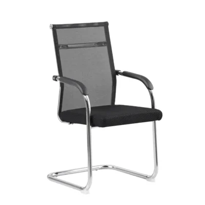 Black mesh visitor’s office seat with a breathable backrest, padded seat, and sturdy metal frame for ergonomic comfort in office spaces.