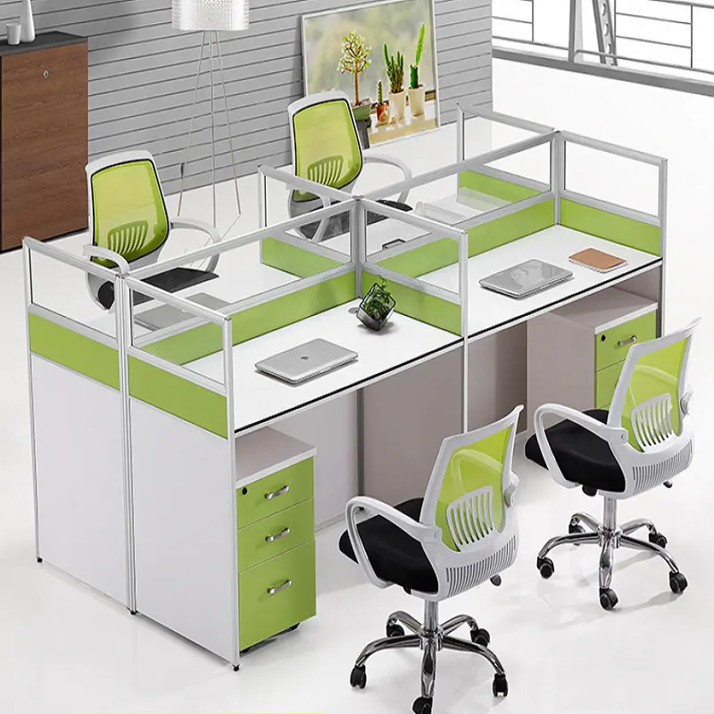 4-way modular office workstation 4-way modular office workstation with partition panels, built-in storage, and a space-saving design for enhanced productivity and collaboration.