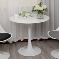 White round Eames table with wooden legs and a sleek, modern design, perfect for dining, office, or meeting spaces.