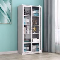 Modern steel filing cabinet with 5 adjustable shelves, sleek design, and a secure locking mechanism for organized office storage.