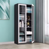 Modern steel filing cabinet with 5 adjustable shelves, sleek design, and a secure locking mechanism for organized office storage.