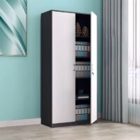 Modern steel filing cabinet with 5 adjustable shelves, sleek design, and a secure locking mechanism for organized office storage.