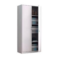 Modern steel filing cabinet with 5 adjustable shelves, sleek design, and a secure locking mechanism for organized office storage.