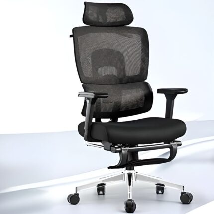 High-back orthopedic office chair with adjustable armrests, lumbar support, and ergonomic design for comfort."