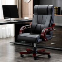 High-back leather executive chair with adjustable armrests and a sleek modern design.