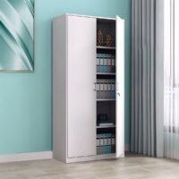 Modern steel filing cabinet with 5 adjustable shelves, sleek design, and a secure locking mechanism for organized office storage.