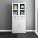 2-door metallic office filing cabinet with a sturdy design, lockable doors, and spacious shelves for secure document storage.
