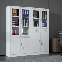 2-door metallic office cabinet with adjustable shelves, lockable doors, and a durable scratch-resistant finish for secure file and supply storage.
