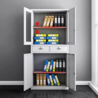 2-door metallic office cabinet with adjustable shelves, lockable doors, and a durable scratch-resistant finish for secure file and supply storage.