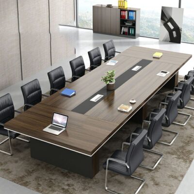 14-16 seater boardroom table with a sleek design, ample seating, and integrated cable management for professional meetings.