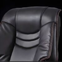 Executive office chair with wooden armrests and ergonomic design, featuring padded seat and backrest.