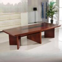 2.4m boardroom conference table with wood veneer finish and integrated cable management, ideal for corporate meetings.