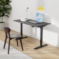 Electric lift desk with adjustable height settings for an ergonomic workspace.