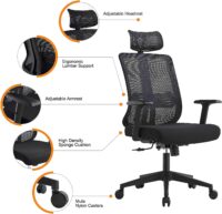 High-back mesh office chair with ergonomic support, breathable mesh, and adjustable features for all-day comfort.