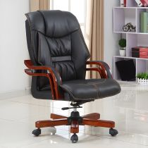 Executive office chair with wooden armrests and ergonomic design, featuring padded seat and backrest.