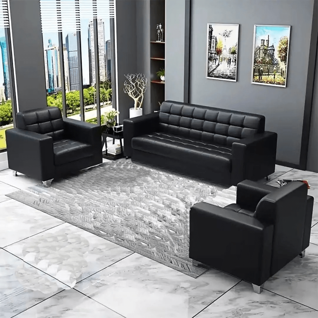 Black Leather Office Lounge Sofa Black leather office lounge sofa with a sleek design, cushioned seating, and a sturdy frame for professional and reception spaces.