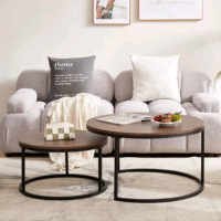 Round Wooden Coffee Table Set with Metal Base - Image 2