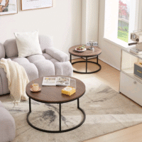 Round Wooden Coffee Table Set with Metal Base - Image 4